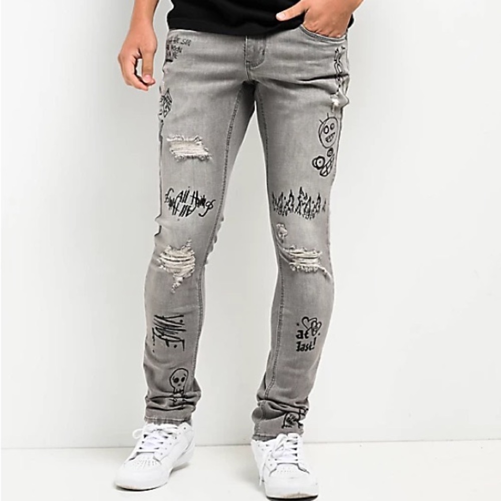 Ninth Hall Rogue Skinny tapered Jeans 32 Gray Distressed Graffiti grunge Punk